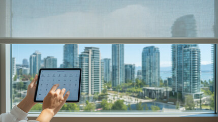 Modern Office with Smart Blinds Controlled by Tablet