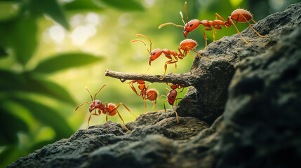 Close-Up of Red Ants Teamwork on Rock With Natural Green Background