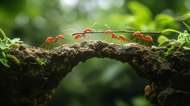 Teamwork by Ants Carrying a Stick Across a Natural Bridge in Forest