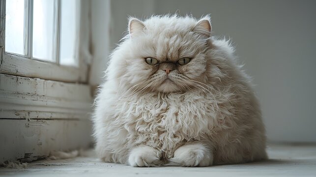 A fluffy grumpy looking cat sitting cozily in a white background