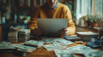Fototapeta premium Man working on laptop surrounded by stacks of cash at home office