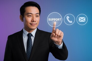 A confident professional in a tailored suit interacts with a futuristic interface, symbolizing customer support, communication, and technological advancement.