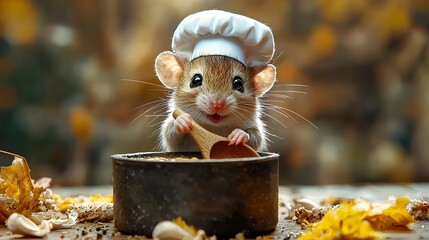 A tiny mouse chef stirring a pot of warm soup
