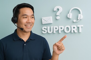 Friendly customer support agent wearing headset and pointing at "SUPPORT" text with icons.