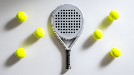 A realistic flat lay photo of neatly arranged padel equipment on a clean white background