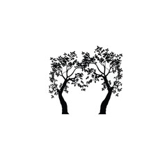 Obraz premium A silhouette of two intertwined trees by a riverside silhouette on white background