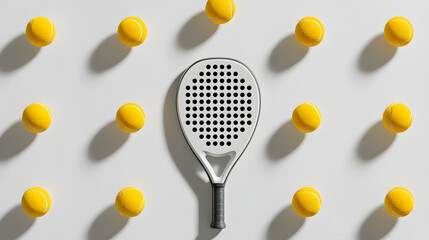 A realistic flat lay photo of neatly arranged padel equipment on a clean white background