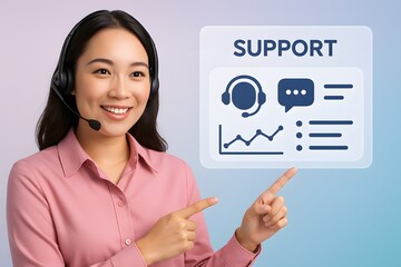 A professional woman wearing a headset smiles warmly, presenting a graphic of SUPPORT, highlighting the essence of customer care and assistance.  