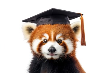 Obraz premium Adorable red panda with fluffy fur wearing graduation cap isolated on white background, symbolizing education, achievement and celebration