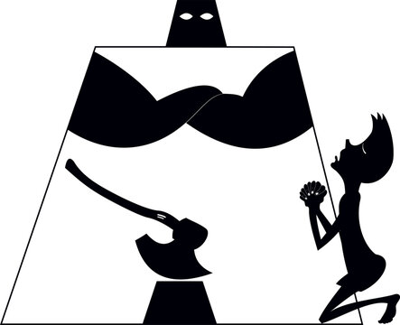 Executioner in a mask, axe, crying person.
Hangman with axe and crying man on the knees prays for mercy. Black and white illustration
