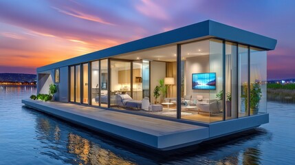 Fototapeta premium Floating House, Modern Architecture, Sustainable Living on Water at Sunset
