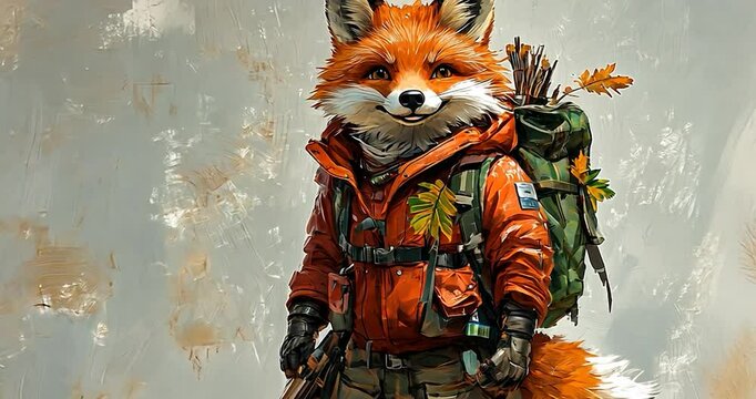 Pixelated animal with orange jacket backpack and bow with leaf leaves. white background. Illustration with a pixelated style