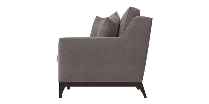 grey fabric sofa side view isolated.