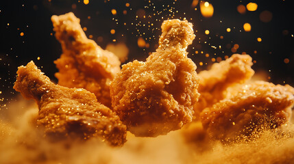 Crispy fried chicken pieces floating in air, surrounded by sprinkle of golden seasoning, creating delicious and appetizing scene