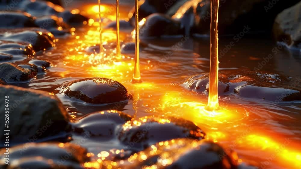 Poster Luminous Stream Cascading into Dark Liquid Surface, Creating Mesmerizing Ripples and Light