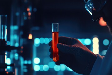 Scientist in lab coat holds test tube with reddish liquid
