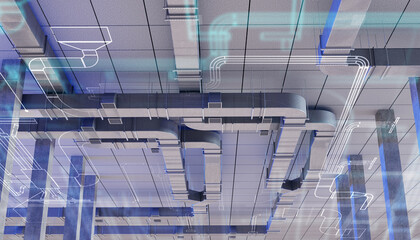 Industrial ventilation communications. Vents shafts under roof of hangar. Air handling unit. Air-conditioning ducts. Industrial utilities design. Ventilation system in factory building. 3d image