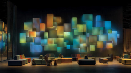 Colorful Lighting in a Trendy Lounge with Modern Decor and Furniture