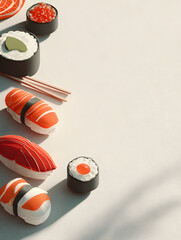 Minimalist 3D flat design poster featuring iconic sushi elements