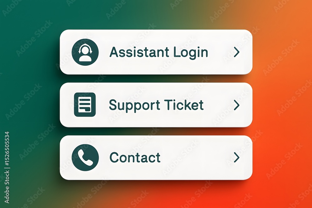 Poster clean and simple ui design with three buttons: assistant login, support ticket, and contact. the but
