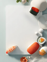 Minimalist 3D flat design poster featuring iconic sushi elements