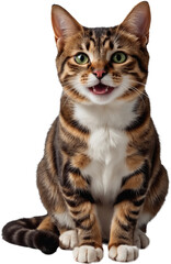 Fototapeta premium Smiling cat with vivid green eyes and detailed brown-black-white fur, isolated on a transparent background. Expressive and cheerful face with realistic texture and natural coloring.
