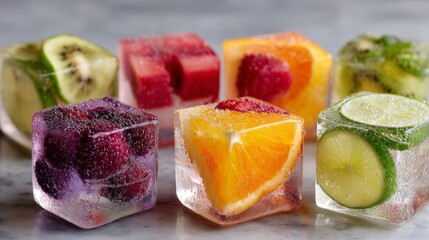 Colorful Frozen Fruit Ice Cubes on Marble Background