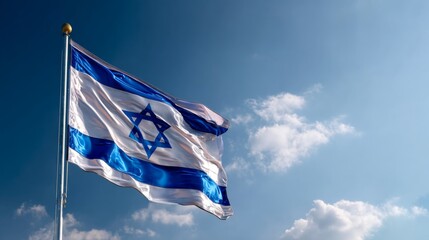 Waving in the breeze, the flag of Israel displays its distinct blue and white colors under a clear sky, symbolizing national pride.