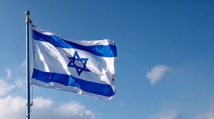 Waving in the breeze, the flag of Israel displays its distinct blue and white colors under a clear sky, symbolizing national pride.
