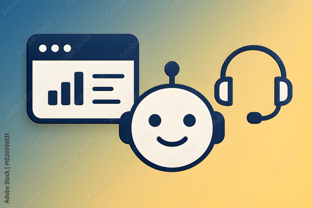 Poster a futuristic digital assistant chatbot icon with a computer screen displaying the analytics data and