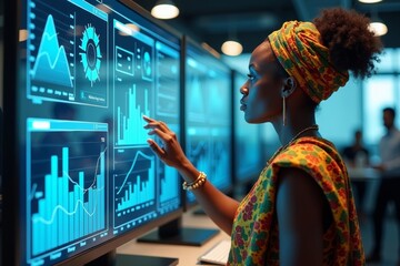 Fototapeta premium Analyzing Data on a Holographic Dashboard: Woman in Traditional African Attire in a Futuristic Office.
