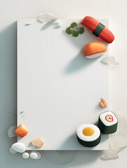 Minimalist 3D flat design poster featuring iconic sushi elements