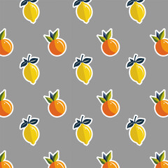 Obraz premium Stickers with lemons and oranges.Vector seamless pattern with lemon and orange stickers on a gray background.