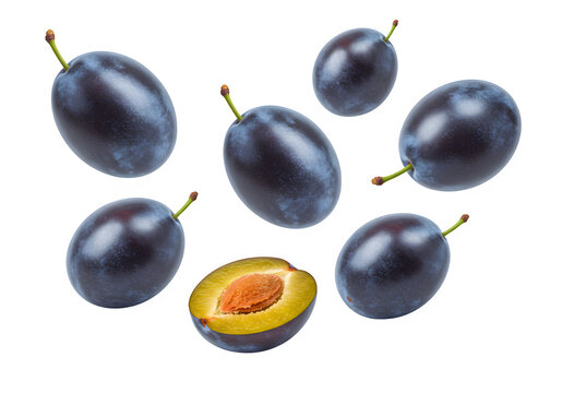 Blue plums falling isolated on white or transparent background. PNG, cutout