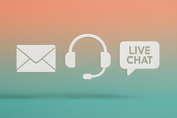 Modern communication icons, a minimalist approach to customer service tools. Depicting email, a headset, and live chat in a streamlined design. Ideal for illustrating digital support.