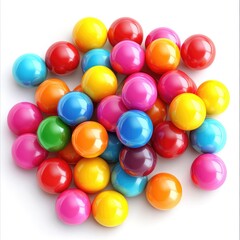 A vibrant pile of colorful, glossy gumballs against a stark white background