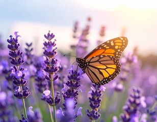 Obraz premium Monarch Butterfly Perched on Lavender Bloom at Sunset