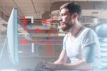 Engineer working on HVAC system design at computer with ventilation and ductwork schematics overlaid on industrial ceiling background. - Ventilation Installation.
