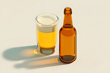 minimalist 3d poster of beer bottle and glass on white background