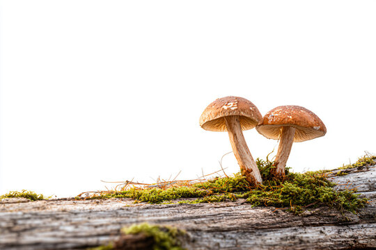 two mushrooms sitting on a log with moss