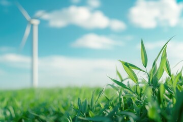 Obraz premium Lush green grass in focus foregrounds a blurred wind turbine under a bright blue sky with fluffy clouds