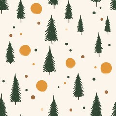 Fototapeta premium Seamless Forest Pattern with Trees and Circles in Green and Orange Tones.