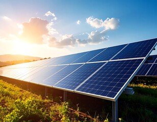Solar panels in a field at sunset