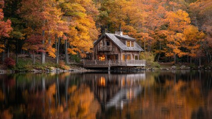 Fototapeta premium Rustic Cabin on a Calm Autumn Lake