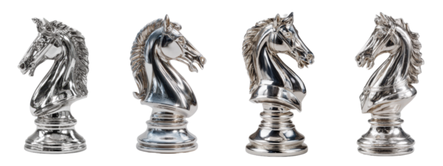 Detailed Metallic Chess Knight Figures Isolated on White Background