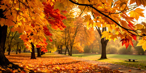Foliage in park with autumn maple leaves in sunlight, natural autumnal background, falling leaves mood