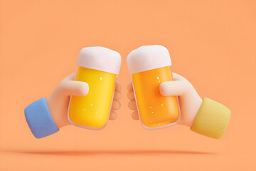 3D flat design poster illustration of two hands making a toast, each holding a glass filled with beer