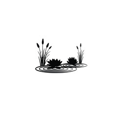 A small pond with lotus flowers and ripples silhouette on white background