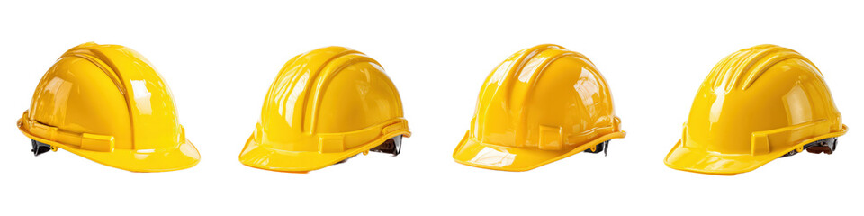 Four Yellow Hard Hats Isolated on White Background for Construction Use