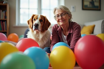 Blind Individual Surrounded by Bright Balloons with Guide Dog in Living Room